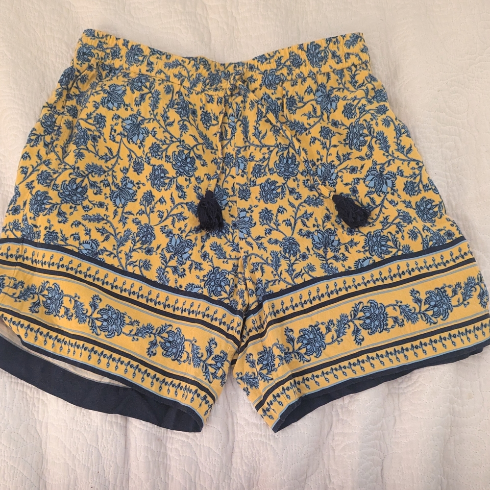 J. Jill High Waist Yellow and Blue Shorts with Paisley Print